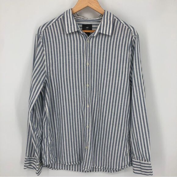 H&M Shirt Mens Large Slim Fit Linen Striped Blue White Button Front Long Sleeve - Picture 1 of 9